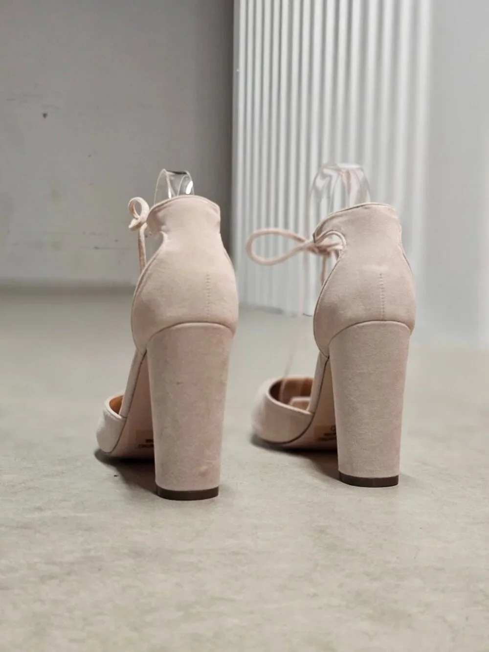Ankle Strap Block Heel Suede Pumps In Nude Beige For Women